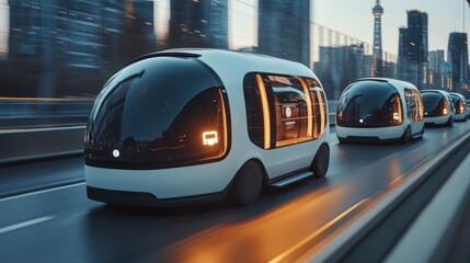 Obraz premium Futuristic autonomous vehicles traveling on a city road at dusk.