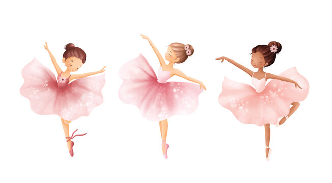 Watercolor Illustrastion Set of Beautiful Ballerina Wears Pink Dress