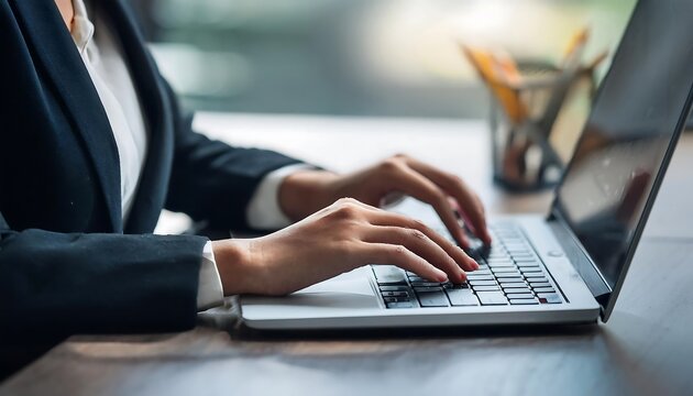 Business executive hands typing on laptop in modern office.