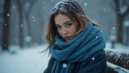 Lonely young woman in a blue scarf sitting on a bench in the snow, looking thoughtful