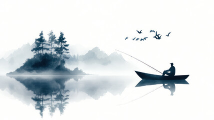 Green watercolor painting of a man sitting in a boat and fishing at lake