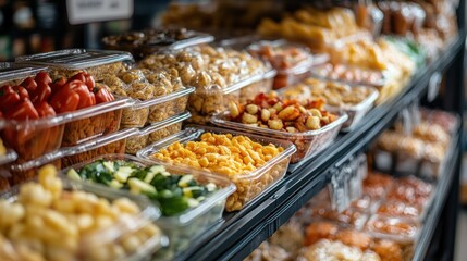 Fototapeta premium A display of various prepared food items in clear containers at a grocery store.
