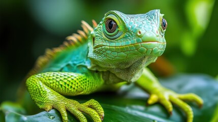 Fototapeta premium A vibrant green lizard perched on a leaf, showcasing its intricate scales and features.