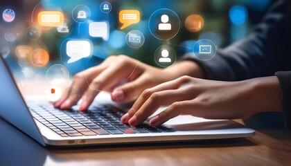 Hands typing on laptop keyboard with various digital icons floating above the keyboard.