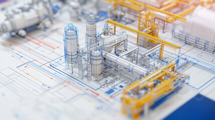 Industrial Complex Blueprint: A detailed 3D rendering of a complex industrial facility, overlaid on a technical blueprint.  The image showcases intricate piping, machinery, and structural elements.