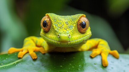 A vibrant green gecko with large eyes perched on a leaf in a lush environment.