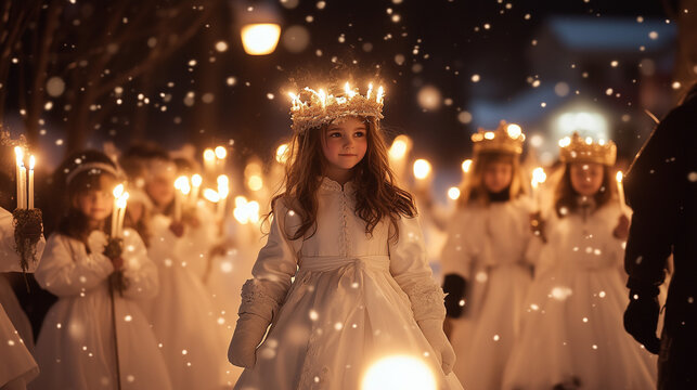 Saint Lucia's Day, a young girl wearing a long white dress and a crown of burning candles, leading a procession on a winter night with soft snow falling, Ai generated images - Powered by Adobe