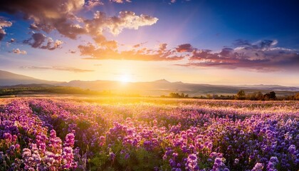 Obraz premium beautiful expanse of flower fields with bright sunlight