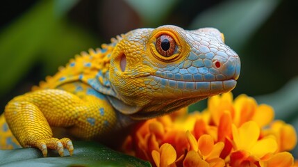 Fototapeta premium A vibrant yellow and blue gecko resting on a bright orange flower.