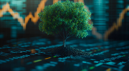 A digital tree emerges from a data grid, symbolizing the intersection of nature and technology, with abstract graphs in the background.