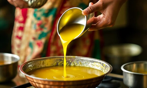 Woman Pouring Ghee on Finished Pongal Dish for Extra Flavor