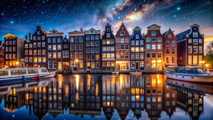Fototapeta premium Stunning Night Photography of Amsterdam's Historic Houses Captured from a Boat, Showcasing the City’s Charming Canals and Vibrant Reflections in the Water