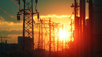 A sunset view with power lines silhouetted against the vibrant sky.