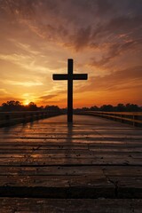 silhouette christian cross at railhead wooden bridge and orange sky with lighting,religion concept, ai