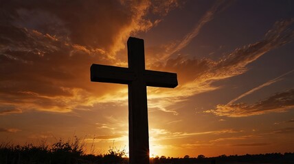 silhouette christian cross at railhead wooden bridge and orange sky with lighting,religion concept, ai