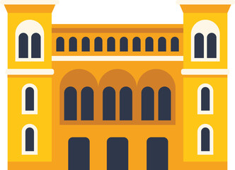 Flat vector illustration featuring a large yellow building with arches, towers, and many windows