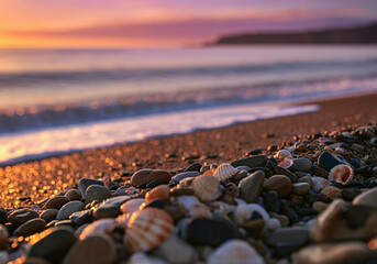 Sunset Beach with Colorful Pebbles & Seashells