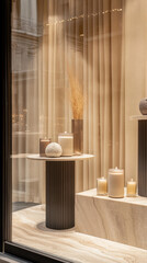 Sophisticated boutique window showcasing high end decor with candles