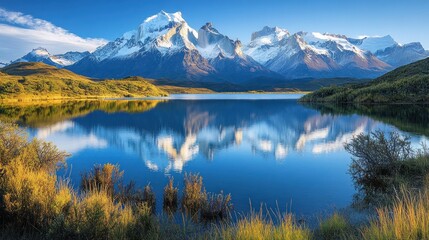 Fototapeta premium Serene mountain landscape reflecting in a calm lake under a clear blue sky.