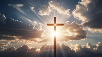 Fototapeta premium Christian cross appears bright in the sky background and soft clouds. with the light shining as Love. hope and freedom of God Jesus, ai