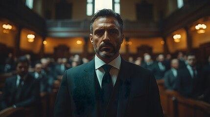 Obraz premium defendant standing in a courtroom, wearing a suit, looking tense, surrounded by lawyers and a judge, the atmosphere serious and intense