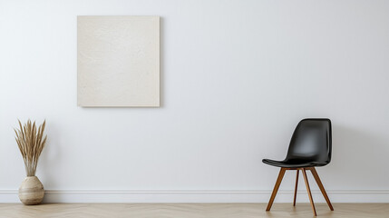 Minimalist Living Room Mockup: A sleek black chair sits beside a blank canvas, ready for your design or artwork.