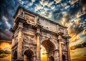 Obraz premium Stunning Portrait of the Arch of Trajan Under Dramatic Cloudy Skies, Capturing Rich Historical Details and Atmospheric Effects for Architectural Photography Enthusiasts