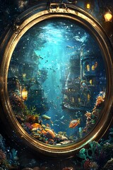 Underwater city trapped within an antique brass telescope lens, bioluminescent creatures, coral reefs, merfolk palace