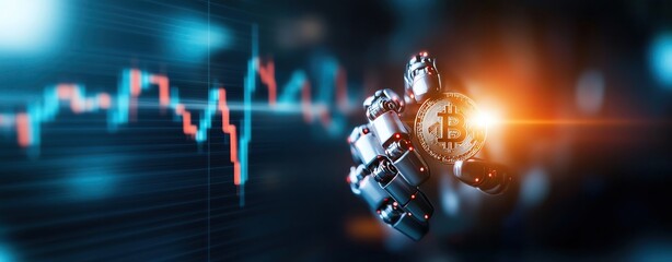 Futuristic robot hand holding a Bitcoin symbol.