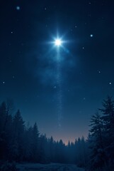 Fototapeta premium Bright shining Star of Bethlehem on dark blue starry night sky. Star of Jesus, Christmas Star. Nativity of Jesus Christ, birth of Jesus, Christmas Eve. Christian religion concept