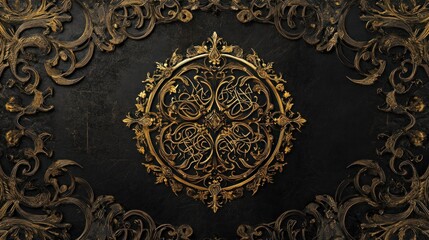 Elegant Arabic calligraphy in gold on a dark background, ornate and detailed patterns 