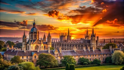 Fototapeta premium Stunning Silhouette of Christ Church College at the University of Oxford Against a Vibrant Sunset Sky in the United Kingdom Showcasing Architectural Elegance and Heritage