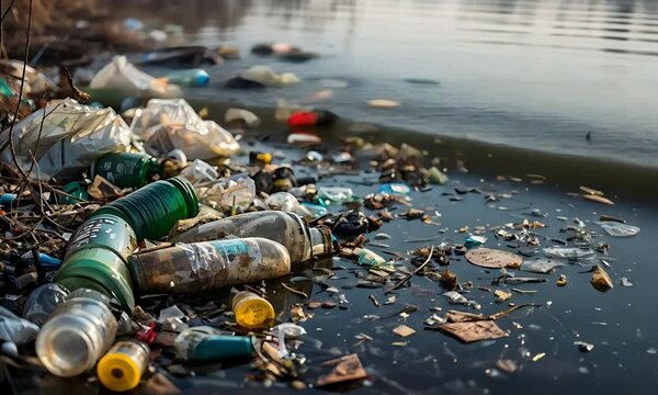 Garbage Floating On Polluted Lake Surface