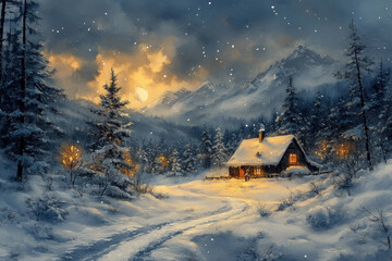 Fototapeta premium Winter landscape with a cozy house in the middle of the forest. 