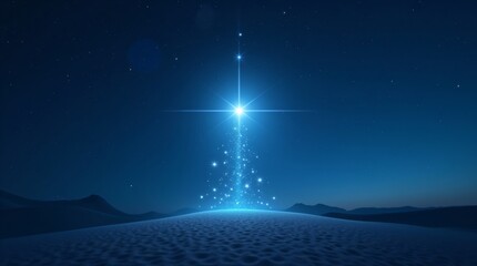 Bright shining Star of Bethlehem on dark blue starry night sky. Star of Jesus, Christmas Star. Nativity of Jesus Christ, birth of Jesus, Christmas Eve. Christian religion concept