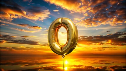Stunning Silhouette Photography of a 3D Gold Balloon Number Zero Against a Vibrant Sunset Background, Perfect for Celebrations and Milestone Events