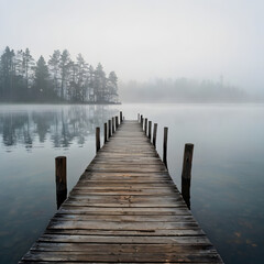 Obraz premium Time-Worn Wooden Pier Over a Foggy Lake