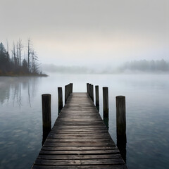 Fototapeta premium Time-Worn Wooden Pier Over a Foggy Lake