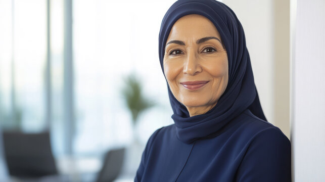 Arabian senior business woman standing at office after budget meeting