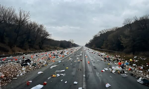 Plastic Bags And Cans On Roadside Path