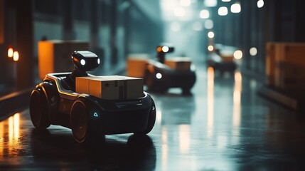 Robots carrying boxes in an empty warehouse