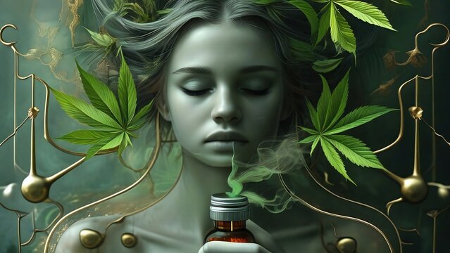 Mujer con frasco de canabidiol en las manos. representa el uso medicinal de la marihuana. 