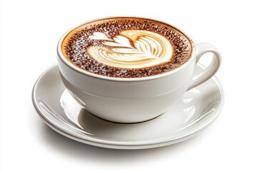 A beautifully crafted latte with intricate foam art in a white cup on a saucer.