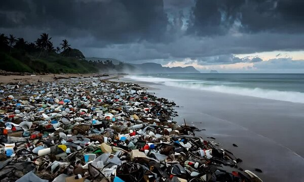 Polluted Beach With Cloudy Gray Sky
