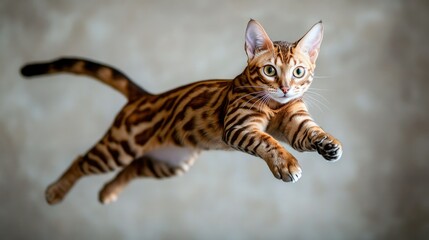 A playful Bengal cat leaping gracefully through the air in an indoor space.
