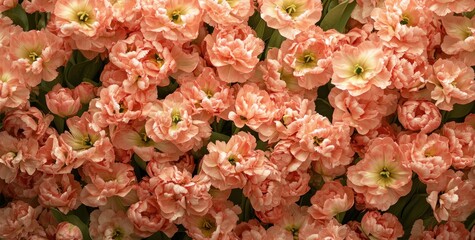 A vibrant display of soft pink tulips in full bloom, creating a lush floral backdrop.