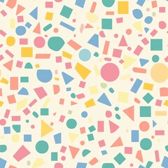 Seamless pattern of random confetti shapes like circles, squares, and triangles in soft pastel hues