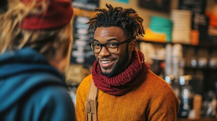 Obraz premium Happy Man Smiling Coffee Shop Casual Winter Fashion Friendship