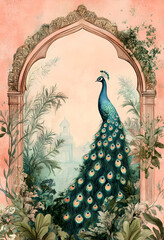 Mughal garden with peacock and floral border frame.