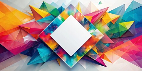 Vibrant Abstract Composition Featuring a Blank Diamond-Shaped Panel Surrounded by Colorful Geometric Shapes and a Paint Stroke Effect